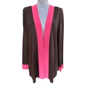 Misook Open Front Knit Cardigan Chocolate Brown with Hot Pink Trim – Size Small